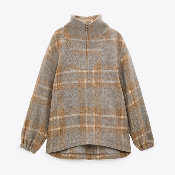 NWT. Zara Tan/Grey Wool Blend Plaid Sweatshirt. Size L. - Picture 8 of 14